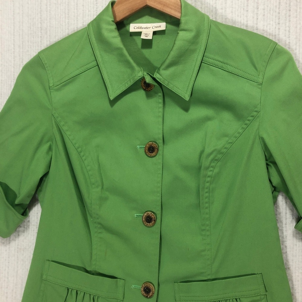 Coldwater Creek Womens Petite Green Cotton Blend‎ 3/4 Sleeve Blazer Jacket